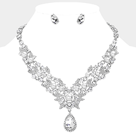 Pearl Accented Teardrop Stone Cluster Pendant Evening Necklace